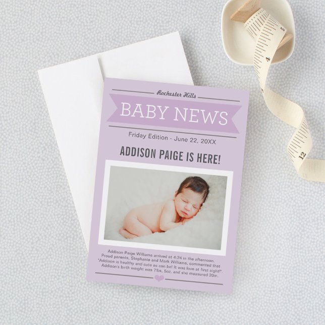 Anúncio Baby Girl News Modern Purple Photo Birth (Criador carregado)