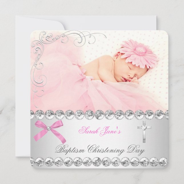 Anúncio Baby Girl Silver Pink Christing Baptism Cross (Frente)