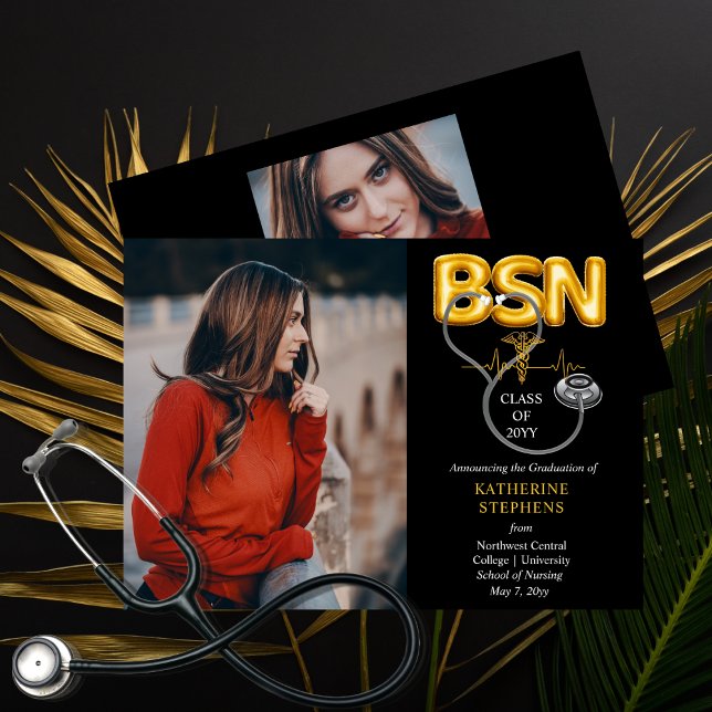 Anúncio Balão Letras BSN Caduceus Formando de estetoscópio (Balloon Letters "BSN" Caduceus Nurse Photo and Stethoscope Graduation Announcement -Print | Download)
