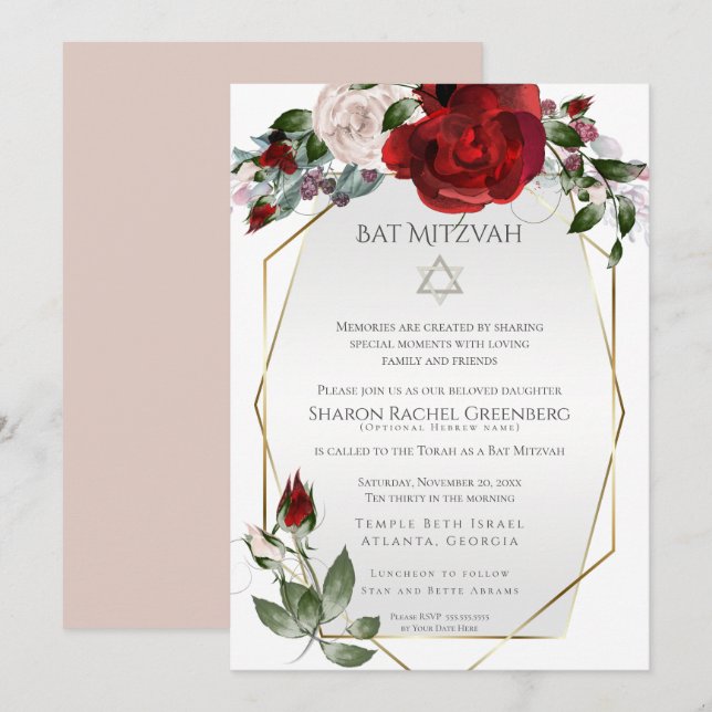 Anúncio Bat Mitzvah | Rosas Vermelhas Escarlates e Blush E (Frente/Verso)