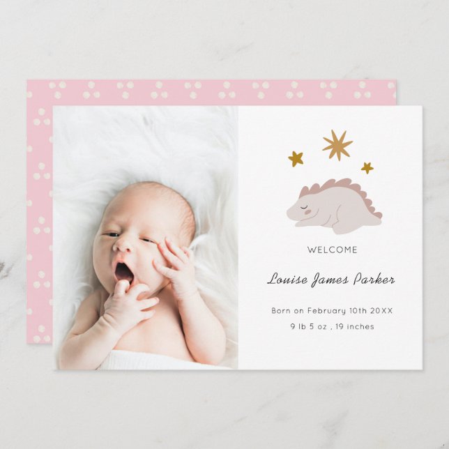 Anúncio Bebê Menina Dinossauro Rosa Fofa Foto Nascimento (Frente/Verso)