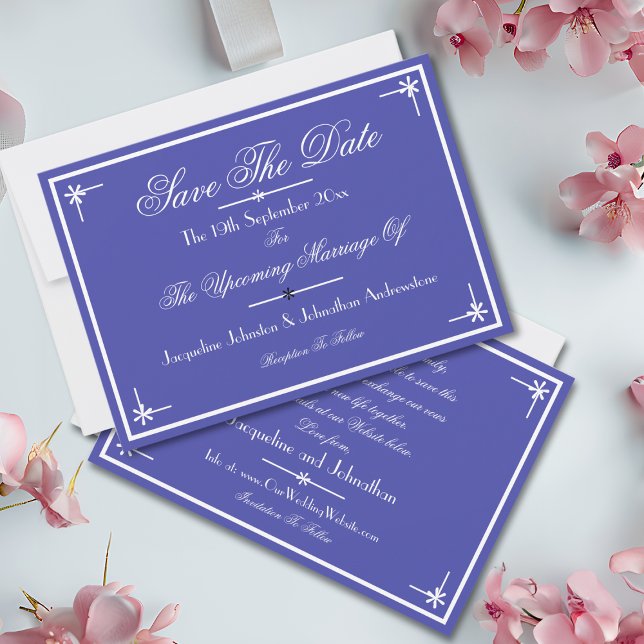 Anúncio Bela Chic Clássica Azul Elegante Salva A Data (Beautiful Blue and White, Elegant Classic Chic "Save The Date" Announcement Cards.)