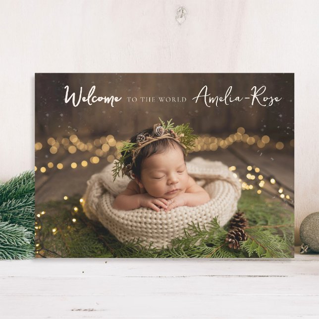 Anúncio Bem-vindo ao Bebê Elegante da Caligrafia Mundial (baby announcement card modern calligraphy welcome to the world simple elegant classy rustic)