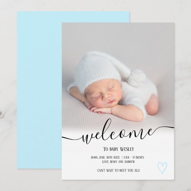 Anúncio Bem-vindo ao guião azul foto do coração rapaz bebê (Frente/Verso)