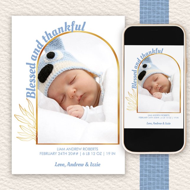 Anúncio Bendito e agradecido Arch Foto Azul Azul (Arch Photo birth announcement to order printed or as a printable digital download)