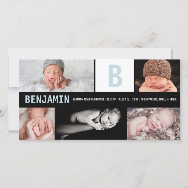 Anúncio Big Blue Baby Boy Monograma 5 Foto Nascimento (Frente)