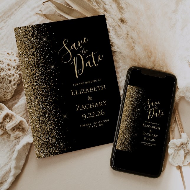 Anúncio Black Gold Glitter Edge Save the Date (Criador carregado)