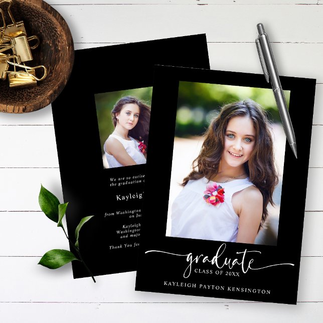 Anúncio Black Modern Elegant Script Graduation Photo (Criador carregado)