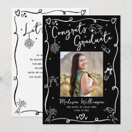 Anúncio Black White Hand Drawn Doodle Style Graduate Photo