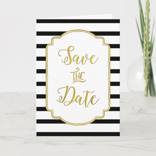 Anúncio Black White Stripes Gold Save the Date Card (Frente)