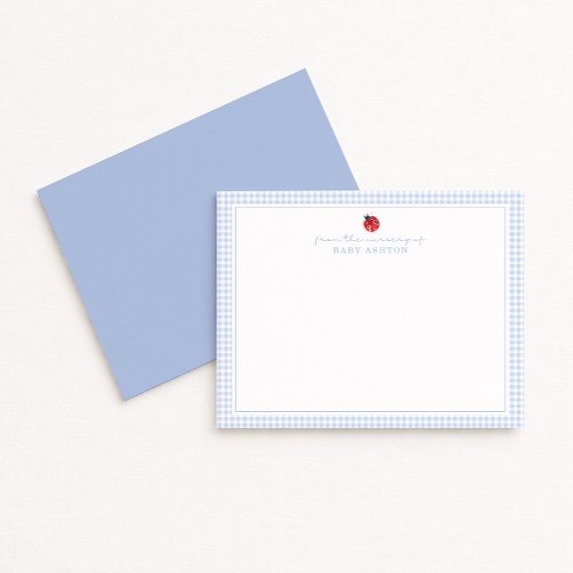 Anúncio Blue Gingham Ladybug Nursery Note Card (Criador carregado)
