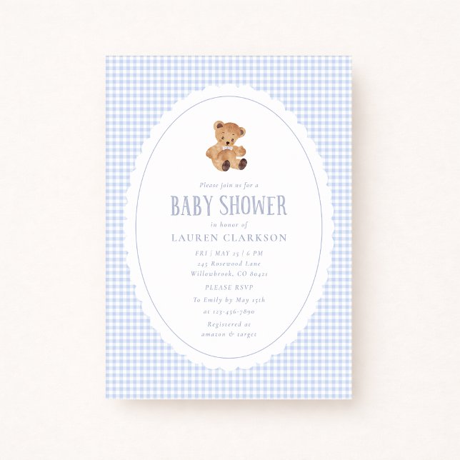 Anúncio Blue Gingham Teddy Bear Baby Shower Invitation (Criador carregado)