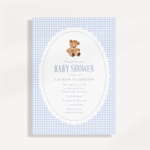 Blue Gingham Teddy Bear Baby Shower Invitation