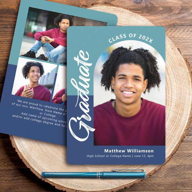 Anúncio Blue Graduation 4 Photo Bold Arch Script Modern (Criador carregado)