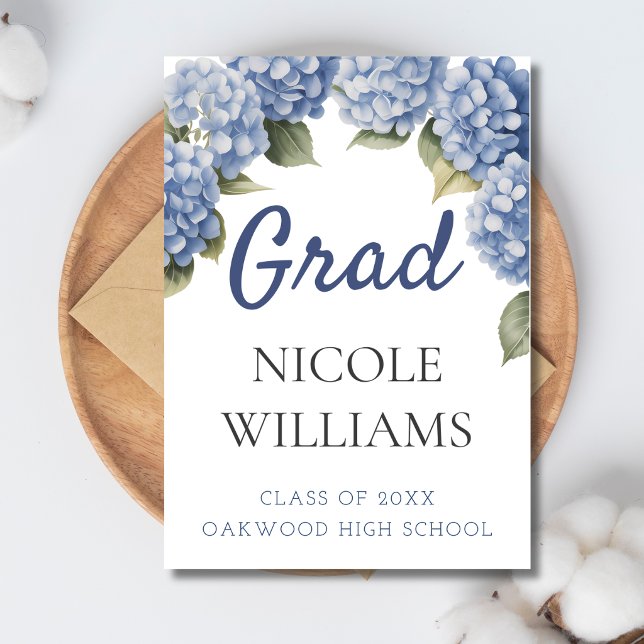 Anúncio Blue Hydrangea Floral Grad Announcement Card (Criador carregado)