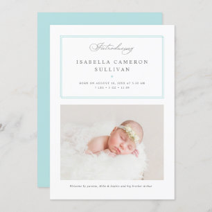 Anúncio Blue Minimalist Borders Script Photo Baby Birth
