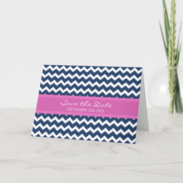 Anúncio Blue Pink Chevron Save the Date Announcement Card (Frente)