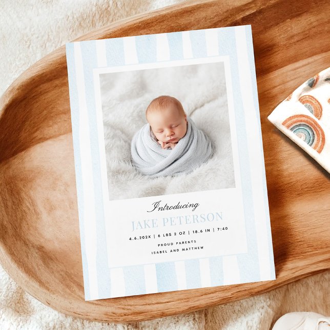 Anúncio Blue Stripes Photo Birth Announcement (Criador carregado)