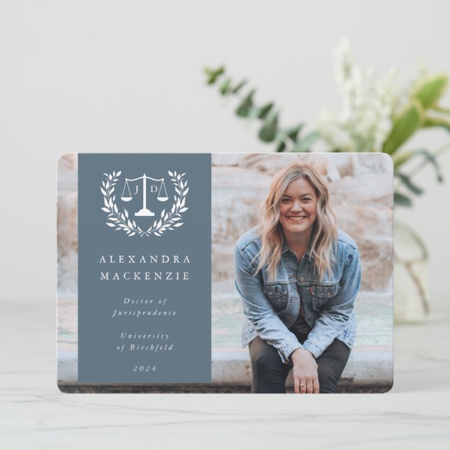 Anúncio Blue + White JD Law Scales Laurel Wreath Photo (Em pé/Frente)