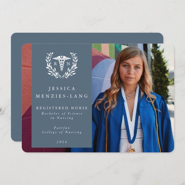 Anúncio Blue + White Laurel Wreath Registered Nurse Photo (Frente/Verso)