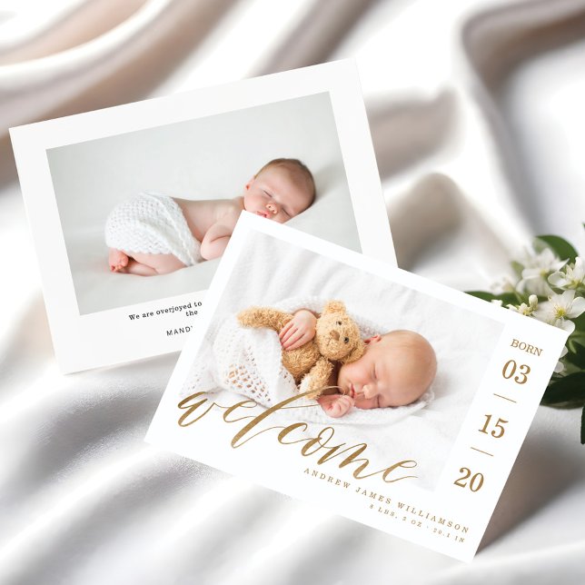 Anúncio Boas-vindas, Dourado Script Baby Birth Stats & Pho (Welcome Gold Script Baby Birth Stats & Photo Announcement)