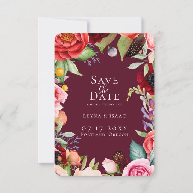 Anúncio Bohemian Blooms Bordeaux Salva A Data (Frente)