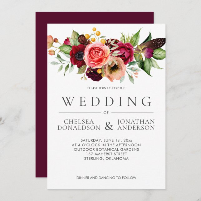 Anúncio Bohemian Floral Burgundy Feather Wedding | (Frente/Verso)