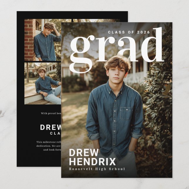 Anúncio Bold Grad PhotoPop Graduation Announcement (Frente/Verso)