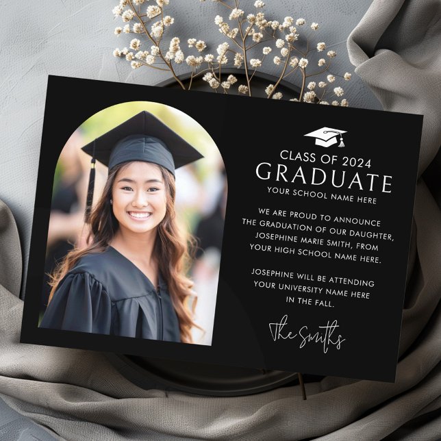 Anúncio Boné de formatura elegante, fotografia a preto (Graduation cap elegant arch black photo announcement)
