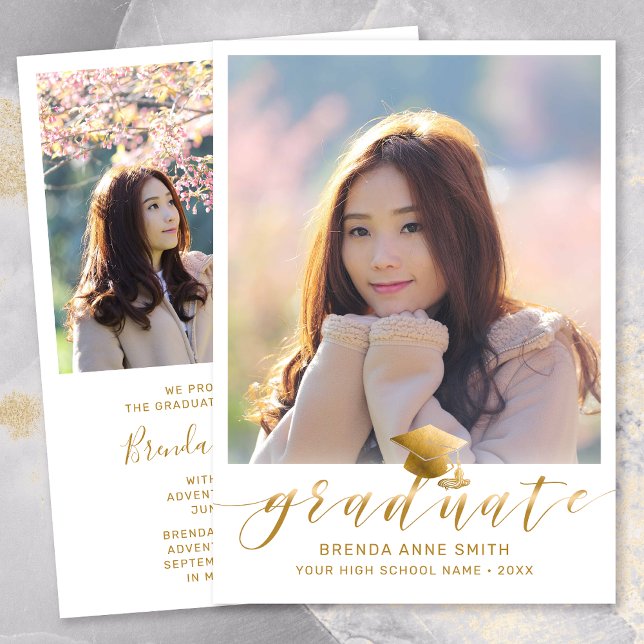 Anúncio Boné de Script Dourado de Foto de Graduação Modern (Modern Two Photo Gold Script on White Graduation Announcement)