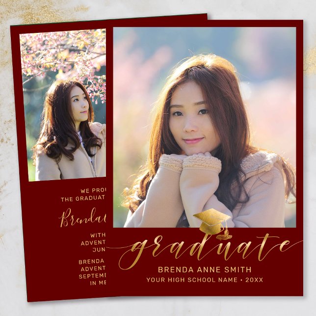 Anúncio Boné de Script Dourado de Foto para Graduação Mode (Modern Two Photo Gold Script on Maroon Graduation Announcement)