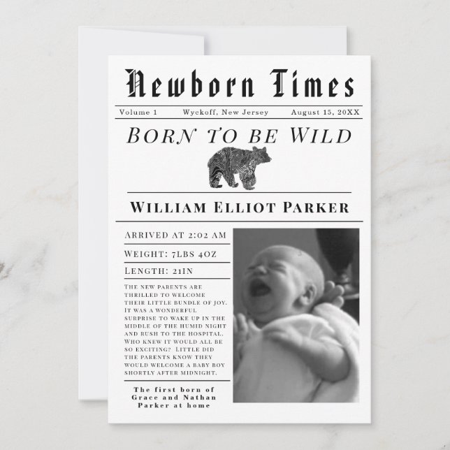 Anúncio Born to be Wild Newborn Times Birth Announcement (Frente)