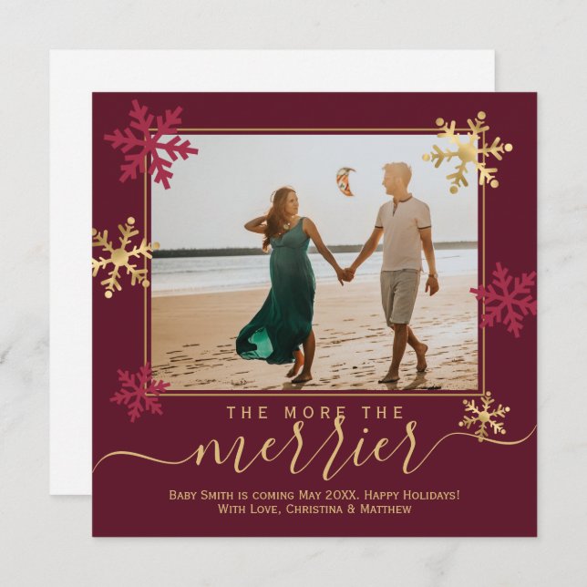 Anúncio Burgundy Dourada Snowflakes Foto de Natal Gravidez (Frente/Verso)