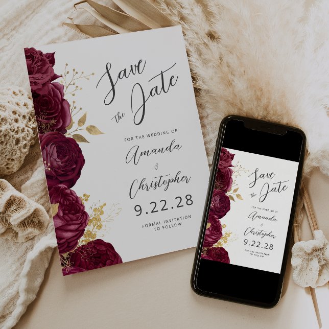 Anúncio Burgundy Gold Floral Script Save the Date (Criador carregado)