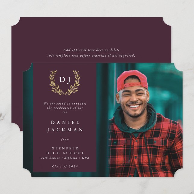 Anúncio Burgundy Monograma Laurel Wreath Graduação Foto (Frente/Verso)