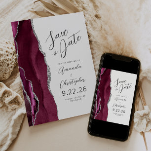 Anúncio Burgundy Prata Ágata Script Salve a Data