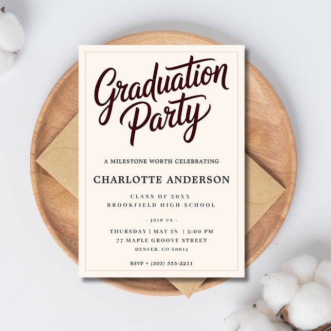 Anúncio Burgundy Script Graduation Party Invitation (Criador carregado)