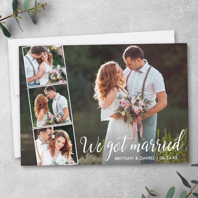 Anúncio Caligrafia Casamos 4 Fotografias (Customize to add text or more photos to back of card.)