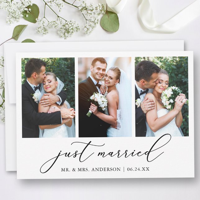 Anúncio Caligrafia Minimalista Moderna 3 Fotografias Casam (Customize to add text or more photos to back of card.)