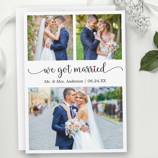 Anúncio Calligraphy 3 Photo Red Heart We Got Married (Customize to change your personalized text size, text style or to add text to back of card.)