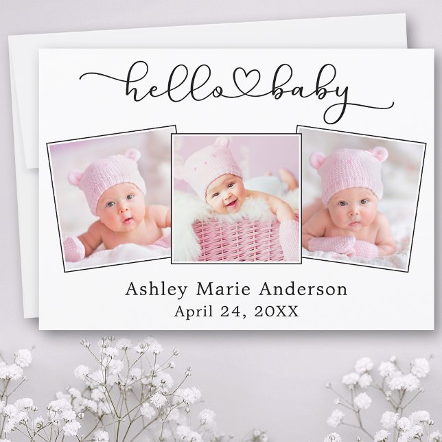 Anúncio Calliografia Script Heart 3 Photo Hello Baby (Customize to change your personalized text size or text style.)