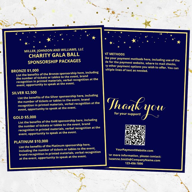 Anúncio Caridade Gala Sponsorship Card Estrelas Douradas A (Charity Gala Ball Sponsorship Packages, customize for your event, with a QR code for payments.)