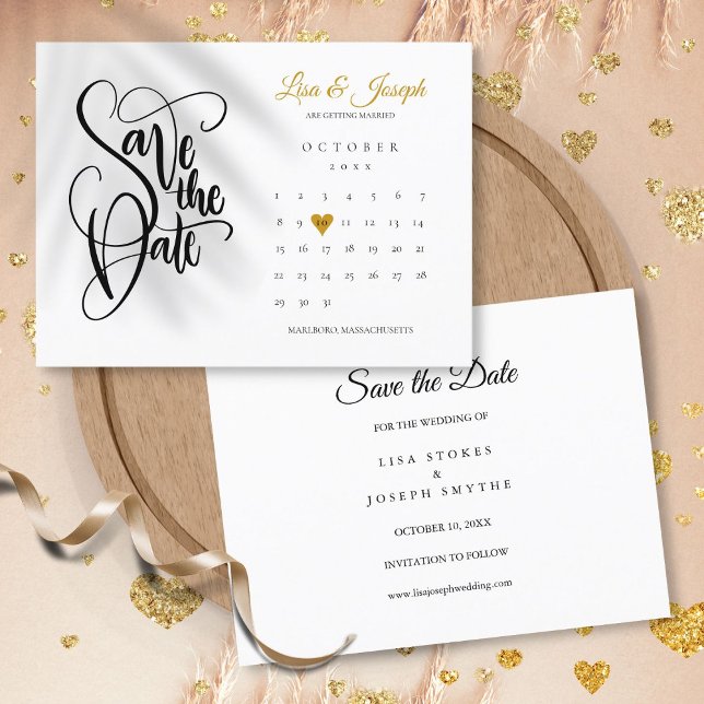 Anúncio Cartão Postal de Calendário Salve a Data Dourado C (Save the Date Calendar Gold Love Heart Postcard)