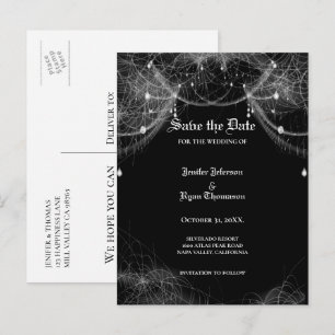 Anúncio cartão postal de casamento gótico de halloween par