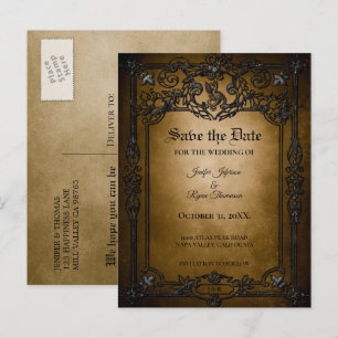 Anúncio cartão postal de casamento gótico de halloween par