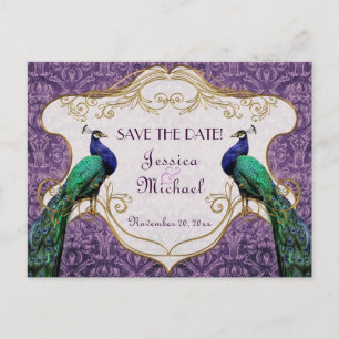 Anúncio Cartão postal de data de casamento com Pavão Real 