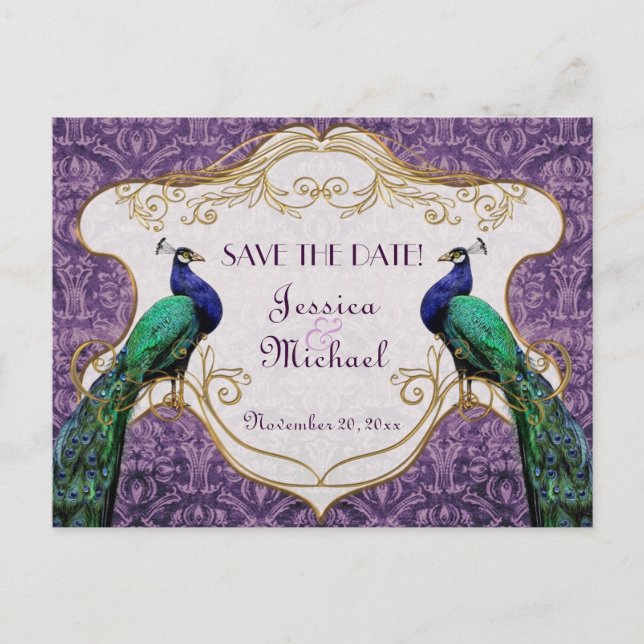 Anúncio Cartão postal de data de casamento com Pavão Real  (Frente)