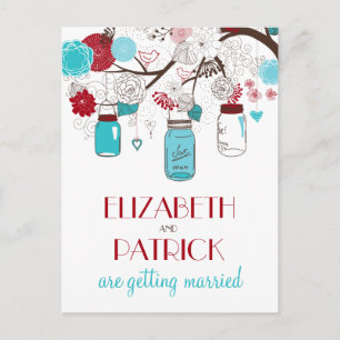 Anúncio Cartão postal de data de casamento com potes de pe