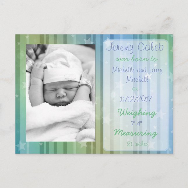 Anúncio Cartão postal de nascimento de Menino Azul e Verde (Frente)