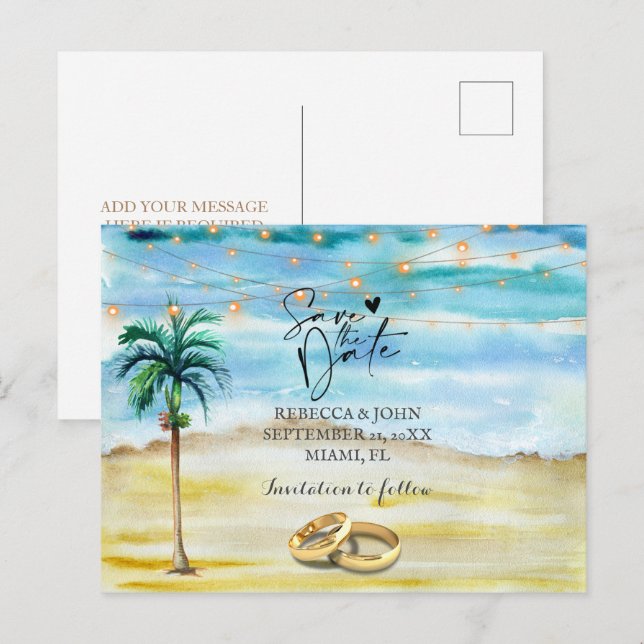 Anúncio Cartão postal de salva data de casamento na praia (Frente/Verso)